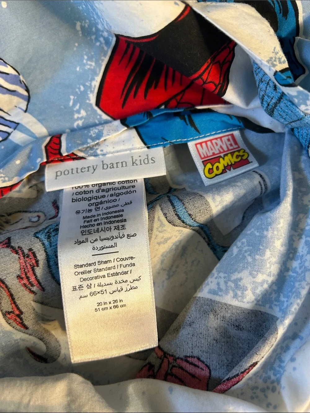 Pottery Barn Kids Marvel Comics Superhero Print Pillow Sham - Blue 100% Organic